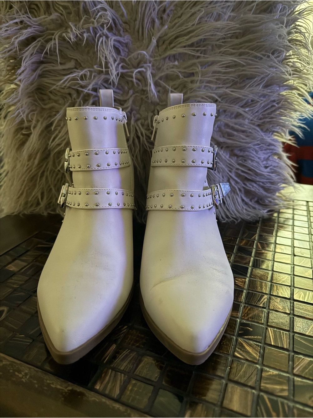 Dolce Vita Cream Studded Buckle Ankle Boots